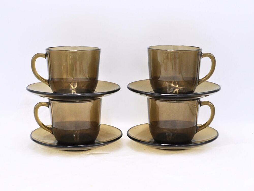 Vintage MCM 60s Dishes Set of 4 Vereco france Smokey Glass Cup And Saucer
